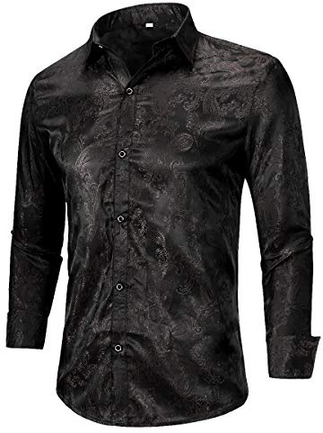 Allthemen Chemise Homme Casual Floral Imprimé à Manches Longues en Jacquard en Soie,Noir,XL