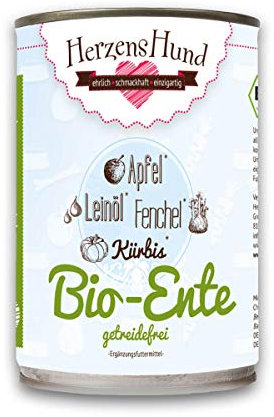 HerzensHund® (12 x 400g) | Bio-Ente Hundefutter mit Bio-Gemüse für ausgewachsene Hunde | glutenfrei | Super Premium Nassfutter für Erwachsene Hunde | 12er Pack