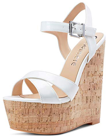 Castamere Scarpe col Tacco Donna Moda Sandali con Zeppa Plateau Wedge High Heels Bianco Pelle Verniciata Scarpe EU 36