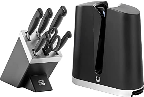 ZWILLING 35148-507-0 Four Star Ceppo Autoaffilante, 7 Pezzi, Nero & V-Edge 32605-000-0 Affilacoltelli, Nero, 1 Pezzo