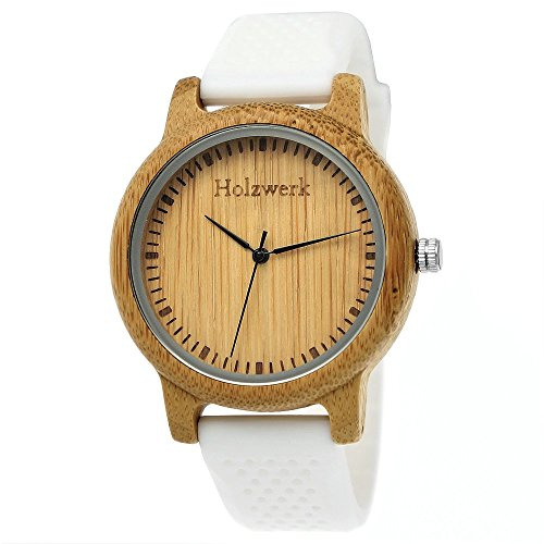 Holzwerk Germany Handgefertigte Designer Unisex Uhr Herren-Uhr Damen-Uhr Öko Natur Vegan Holz-Uhr Armband-Uhr Analog Klassisch Quarz-Uhr mit Silikon Kautschuk Armband und Holz Gehäuse in Weiß