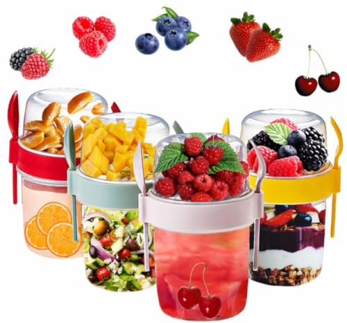 VL 4 st yoghurtkrukor återanvändbara 650 ml havre behållare lock med sked och gaffel BPA-fri frukost för att gå flingor på språng diskmaskinssäker lunchlåda havregrynsburkar (röd, rosa, grå och gul)