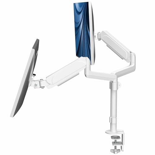 VIVO Dual Monitor Arm Mount for 17 to 32 inch Screens - Pneumatic Height Adjustment, Full Articulating Tilt, Swivel, Heavy Duty VESA Stand with Desk C-clamp and Grommet Option, White, STAND-V002KW
