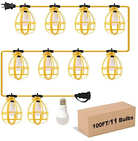 Yaoledly 100FT Construction String Lights, 100W 11 Bulbs Work Lights with E26 Base, Construction Lights IP65 Waterproof, 8000LM 6500K Temporary Lighting for Indoor Workshop, Mine cave, Job Site