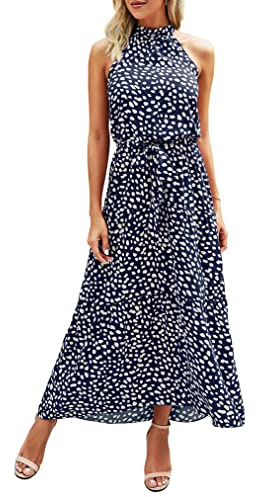 Awemeal Sommerkleid Damen Lang Blumenmuster Boho Kleid Ärmellos Neckholder Strandkleid Rüsche Maxikleid mit Gürtel （L, 270 Dunkelblau）
