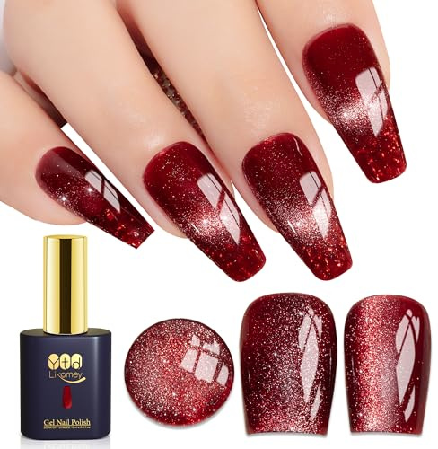 YTD Likomey Cat Eye Gel Nail Polish,15ml Berry Red Holographic Translucent Neutral Jelly Sheer Shiny Magnetic Glitter Glass Red UV Nail Gel Varnish with Magnet Stick Gift,MY302