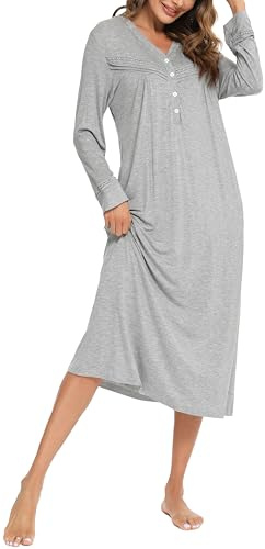Sopesil Camicia da Notte Donna Inverno Lungo S-XXL | Camissions Manica Lunga Caldo Bottone Allentato Plus Size Camicia da Notte Donna Scollo a V Morbida