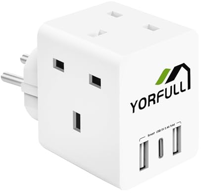 UK to European Plug Adapter with 3 USB Ports and 1 USB C, European Travel Adapter Plug Extender,Grounded European Plug Adapter