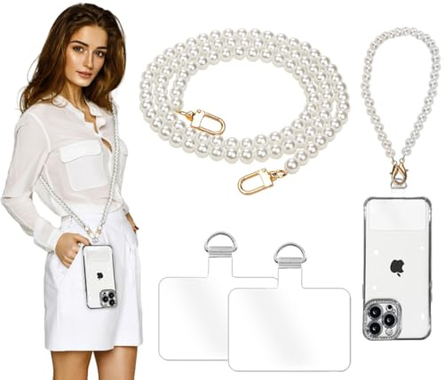 Turkalla 2Pcs Pearl Phone Crossbody Lanyard and Wrist Strap,Universal Crossbody Strap Cell Phone Lanyard Hand Strap Cellphone Chain with 2× Tether Tab for Most Phones Bag Purse