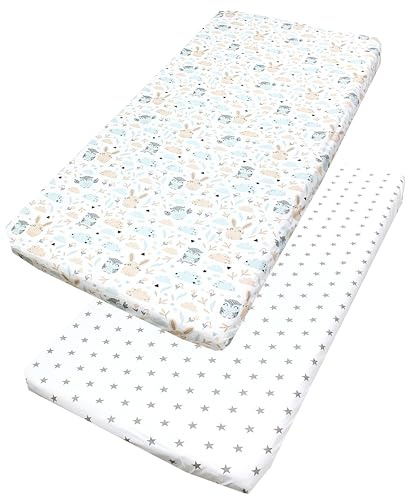 TupTam Sábana Ajustable para Cuna Bebé 2 Pack, Conejito Beige/Gris Estrellas Blanco, 60 x 120 cm