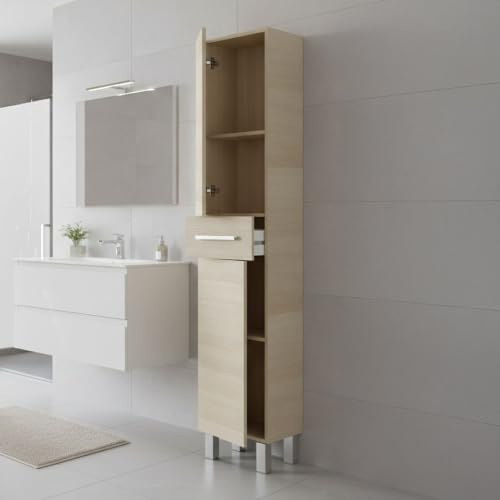 Dmora - Armoire à colonnes Wilmington, Élément Mural de Salle de Bain avec 2 Portes et 1 tiroir, Armoire Haute, 35x31h182 cm, Chêne