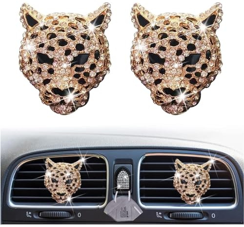 2 x goldene glitzernde Leoparden-Lüftungs-Clips, Kristall-Leoparden-Auto-Lufterfrischer-Clips, Auto-Diffusor, Lüftungs-Clip, Strass-Leoparden-Auto-Dekoration, Auto-Innendekoration, Autozubehör,