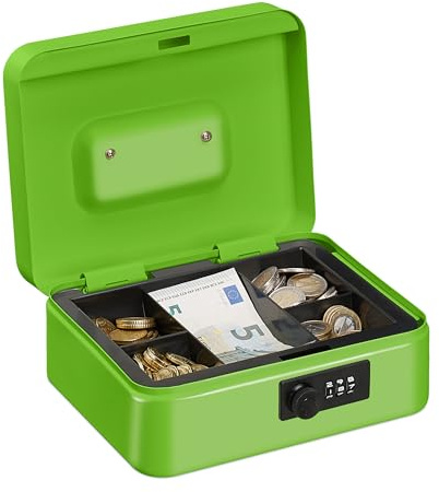 Relaxdays Caisse à Monnaie, avec Combinaison à 3 Chiffres, Rangement d’Argent en Fer, H x L x P 8,5 x 20 x 17 cm, Vert