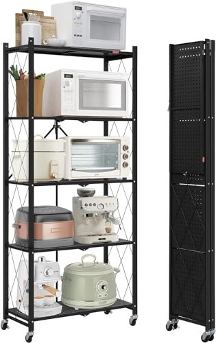 DEANIC 5 Etagen Klappregal Schwerlastregal,Haushaltsregal Standregal Klappbares Küchenregal mit Rollen,71 x 34 x 163cm Metallregal Schwarz,Bücherschrank Kostenlose Installation Wohnzimmer(Schwarz)