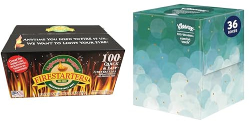Lightning Nuggets N100SEB Super Economy Box Fire Starter, Tan Brown, 100 Count (Pack of 1) & Kleenex® Professional Facial Tissue Cube for Business (21270), Upright Face Tissue Box