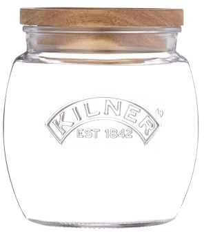 Kilner Barattolo universale con coperchio in legno, 0,85 litri, contenitore per alimenti in vetro con guarnizioni in silicone, per alimenti secchi come cereali, pasta e cereali