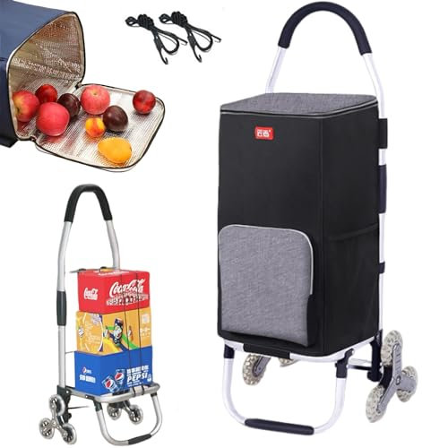 SADOMAIN Aluminium Einkaufstrolley Treppensteiger,mit Kühlfach, 2in1 Einkaufstrolley klappbar abnehmbare Tasche 6 Rollen Treppensteiger Einkaufswagen Einkaufshilfe Trolley, Wasserdicht (Black)