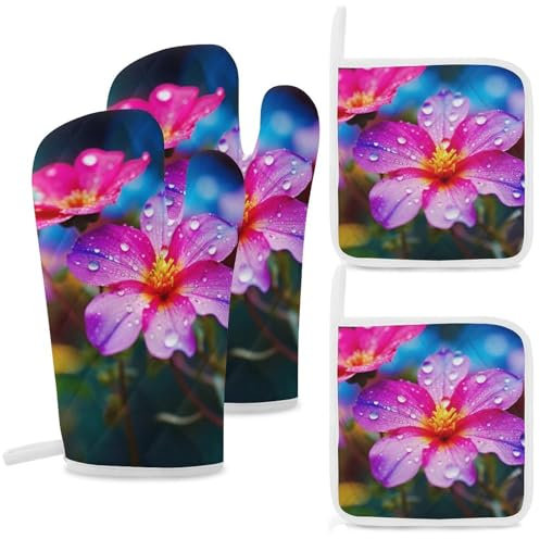 Oven Mitts and Pot Holders 4PCS Set Kitchen Oven Mitts Heat Resistant Hot Pads Colorful Small Flower Thicken Oven Gloves Non-Slip Potholders Extra Long Cooking Gloves for Grilling Baking BBQ
