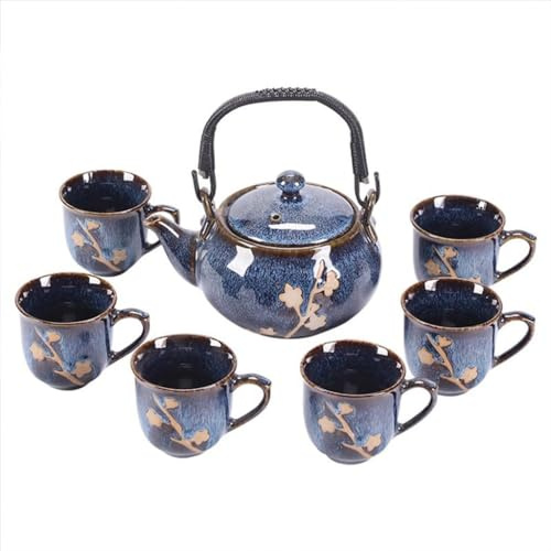 YoeEoay Chinesische Porzellan Teeservice Japanisches Teeservice, 520ml Teekanne und Teetasse mit Ohr 6er Set Blaue 200ml, süßes asiatisches Teeservice für Teeliebhaber (Pflaumenmuster in Gold)
