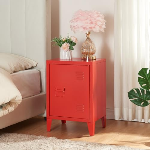 [en.casa] Nachttisch Inari Nachtschrank Rot Nachtkästchen mit Einer Schranktür Sofatisch Türgriff Links Metall Nachtkommode 57 x 40 x 30 cm Büroschrank