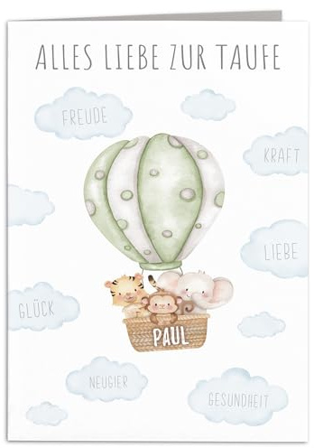 Taufkarte Mädchen Junge personalisiertes Taufgeschenk Heißluftballon Karte Taufe Geschenk Klappkarte mit Umschlag 10,5 x 14,8 cm (Grün)