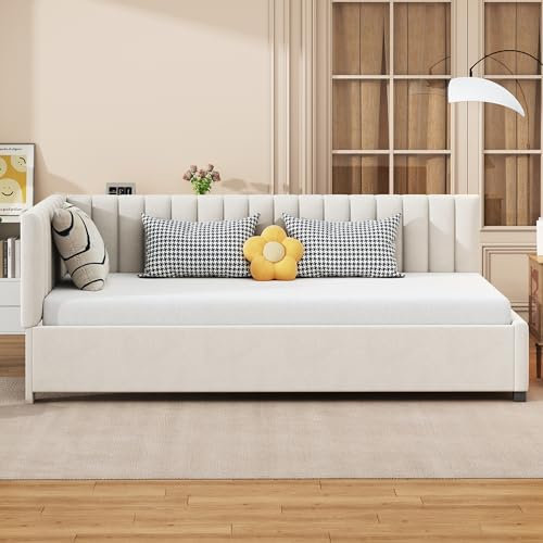 MSMOK Sofabett 90x200cm Multifunktionsbett mit Lattenrost,Polsterbett,Hautfreundlicher,Samtstoff (Beige)