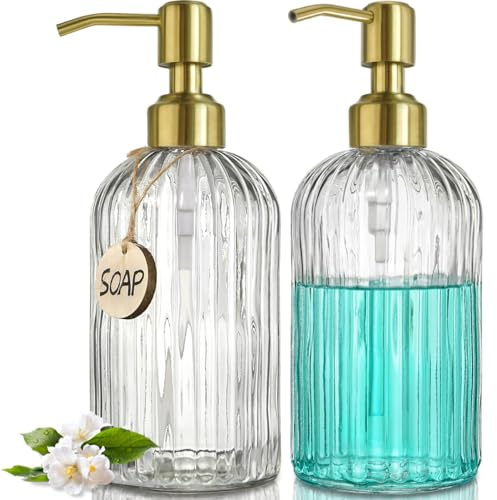 JASAI Seifenspender aus geriffeltem Glas mit Goldener rostfreier Pumpe, nachfüllbarer Küchenseifenspender mit vertikalen Streifen, Badezimmer-Seifenspender für Handseife, Spülseife, Lotion, 2 Stück