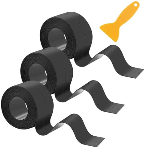 GIONAR 3 Rolls Bath Sealant Strip, Simple Seal Tape for Bathroom, Self Adhesive Shower Sealant, with 1 scraper，Anti-Mould Caulk Strip for Bathtub, Kitchen, Sink, Wall Corners(black)