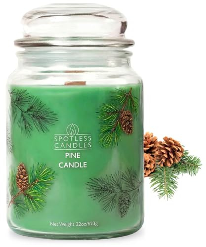 Pine Candle 623g: 85 Hour Burn Time - Crackling Wooden Wick Candle in Luxury Gold Foil Lined Gift Box by Spotless Leopard - Big Scented Candles
