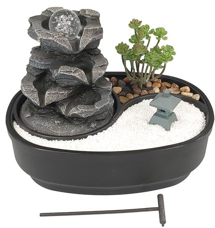 LEMODO Zimmerbrunnen mit LED-Beleuchtung, Tischbrunnen mit Glaskugel, dekorativer Zierbrunnen mit Wasserfall und Zen Garten, Wasserbrunnen für Zuhause, Zimmerbrunnen als Zimmer Deko