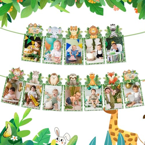 Fotogirlande 1. Geburtstag, Fotogirlande 1. Geburtstag Junge | Banner für 1.Geburttag Fotogirlade, Fotogirlade 1. Geburtstags Set, Baby Foto Banner Deko (Woodland Animal Theme)