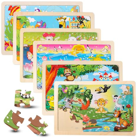 HTTYHT Set di 6 Puzzle di Animali dei Cartoni Animati 6x24 Pezzi Puzzle in Legno per Bambini 3 4 5 Anni Fattoria Animale Oceano Mondo Educazione Prescolare Montessori, Regali per Ragazze e Ragazzi
