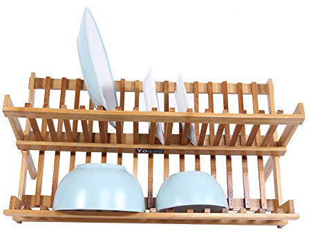 Sunicon Escurridor de Platos de Madera, escurridor de Platos Plegable de Doble Nivel, Estante para Platos de Cocina para encimera de Cocina con Soporte para Utensilios, escurridor