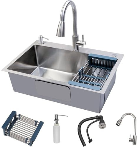 GWFBLID Fregadero Cocina 1 Seno, Fregadero de Cocina de Acero Inoxidable, Fregadero Bajo/Encimera/Enrasado con Escurridor, Sifón, Dispensador Jabón y Juego Desagüe para Comedor Cocina
