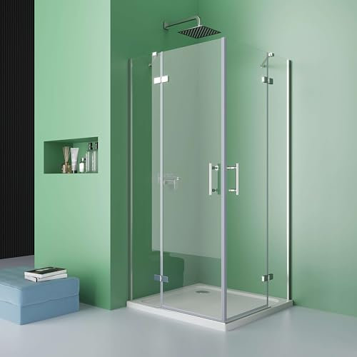 DOOLEEWEE Glasduschen,Duschkabine,Drehtür mit Festteil für Eckeinstieg, Drehtür 4-teilig, 5mm NanoGlas,ESG - Sicherheitsglas (Chrom, 80x90x193cm)