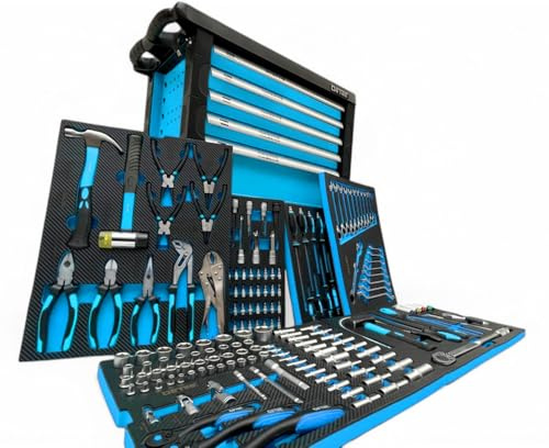 DeTec. Werkstattwagen 6 gefüllte Schubladen, Carbon-Optik, Blue Edition