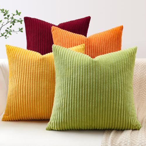 JOTOM 4er Set Cord Kissenbezüge Kissenhülle Dekorative Zierkissen Couchkissen Sofakissen Dekokissen Kordsamt Kissenbezug Deko Kissenhülle für Sofa Wohnzimmer (45x45cm, Gelb Orange)