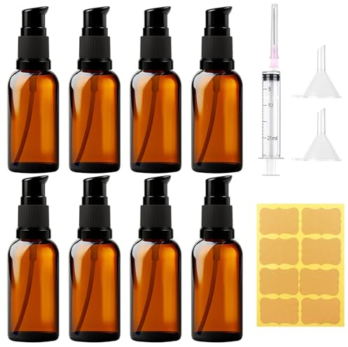 MirraSwit 8 Pcs 30ml Botellas de Vidrio Marrón | Dispensadores de Bomba de Vidrio Marrón, Protección Contra los Rayos Ultravioleta, Embudos para Aceite Esencial de Loción
