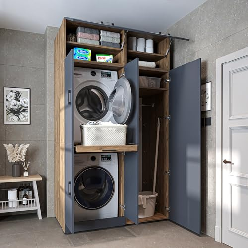 ROOMART Meuble pour machine à laver et sèche-linge Dora Set, 130 cm de large, en 4 couleurs, avec portes et plateau coulissant (230 cm de haut - Avec meuble superposé, Chêne anthracite)