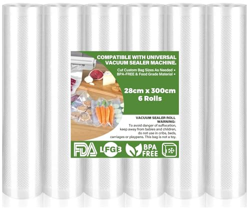 Rollo de vacío alimentario, 6 paquetes de 28 x 300 cm, bolsa al vacío, apta para toda la máquina al vacío, bolsa de vacío para alimentos sin BPA