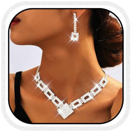 Evlry Kristall-Brautschmuck-Set mit Strass, Halskette und Ohrringen, Hochzeitsschmuck für Frauen und Bräute (Silber)