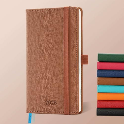 IN-LUXPRO Kalender 2026: Taschenkalender A6 Klein 16,4x9,6cm Buchkalender Terminplaner 2026 Wochenplaner Notizbuch,12-Monate(Jan.- Dez.) mit 100GSM Papier & Stiftschlaufe PU-Leder Braun
