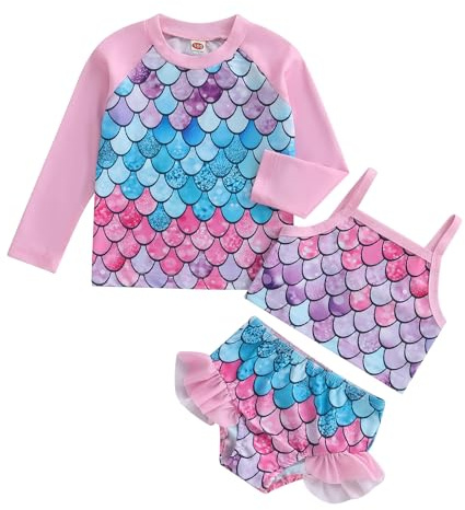 XIXIMAON Toddler Girl Rash Guard Tankini Set Long Sleeve Swim Cover Up Camisole Tops Ruffle Shorts Kids 3 Piece Swimsuit Girls Bathing Suit 1-6 Years (Multicolor, 3-4 Years)
