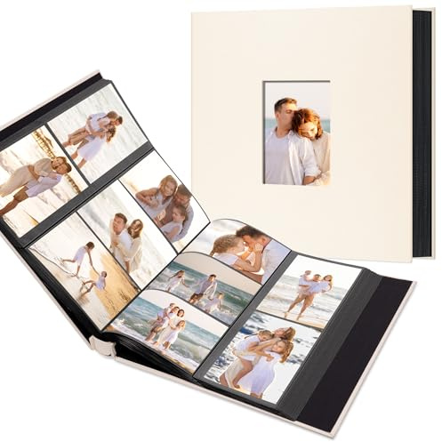 Hiwhy Álbum de Fotos con 600 Bolsillos, Cubierta de Lino y Ventana Personalizable, Apto para Fotos de 10x15 cm, Páginas Negras de Archivo, Beige
