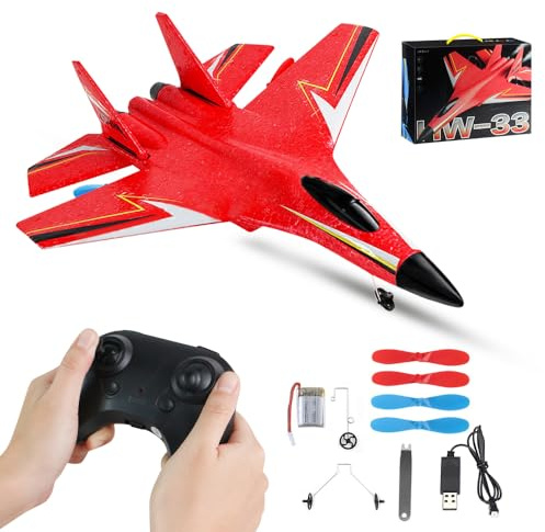 LUFEIS F-22 RC Aereo Radiocomandato, 2,4 GHz 2 Canali Aereo Telecomandato, Aereos RC Aeroplano Telecomandato con Sistema Giroscopio Xpilot, Aliante Volante per Principianti Bambini Adulti (Rosso)