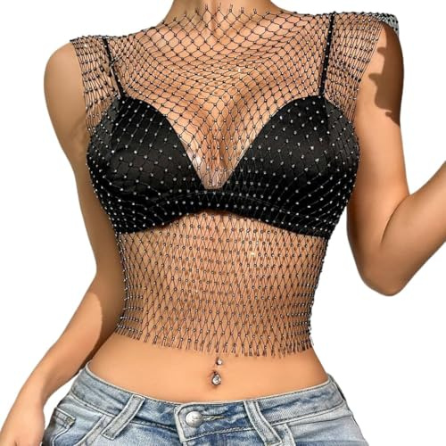 CATOR Tank Top Damen Mesh Crop Top Durchsichtiges Glänzende Netzshirt Fischnetz Strasssteine Cover Up Kristall Sheer Mesh Top Aushöhlen Sparkle Club Wear Sexy Pailletten Netzoberteil -S- Schwarz