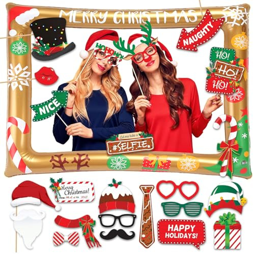 Weihnachten Aufblasbare Fotorahmen mit 38 Stück Foto Requisiten, Accessoires Fotorequisiten, Weihnachtsdeko Fotobox Accessoires, Requisiten Fotobox für Weihnachten Deko Silvester Foto Requisiten