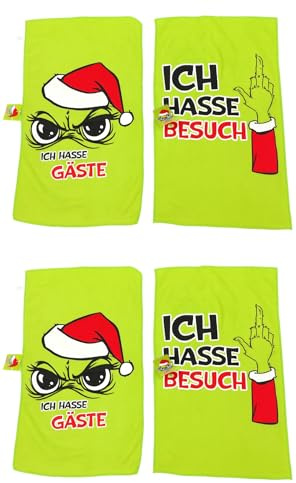 M.Kritzinger’s Gästehandtuch-Set „Festtags-Muffel“ (4 Stück, 30 × 50 cm) – Mikrofasertuch in Neongrün mit Weihnachtsmuffel-Design | Lustiges Anti-Weihnachten