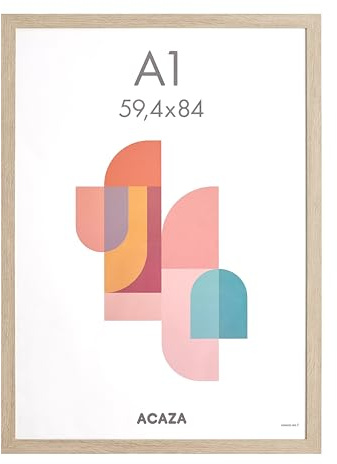 ACAZA A1 Bilderrahmen 59,4x84 cm Format Din A1 Eiche Hell, MDF Holz mit bruchsicherem Acrylglas, für Photos, Poster und Puzzles, Wandmontage, Hoch- und Querformat
