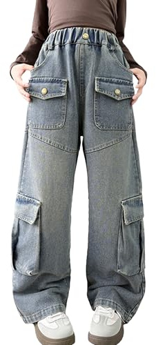 SEAUR Jeans Cargo Baggy per Ragazze Vita Elastica Y2K Hip-Hop Pantaloni Cargo Multi-Tasca Streetwear Bambine e Adolescenti 170(13-14 Anni)